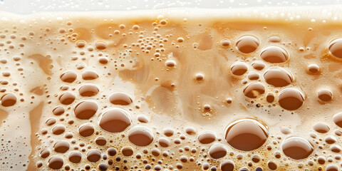 view showcases a frothy beverage featuring a captivating surface covered in numerous bubbles of varied sizes.