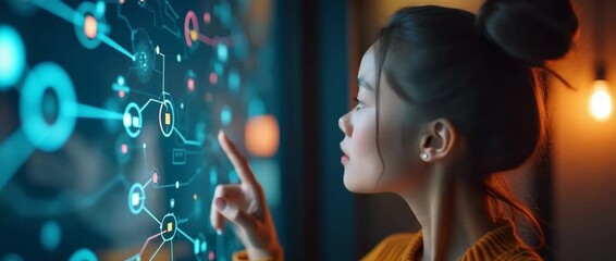 Young professional interacts with data visualization on digital screen; the camera slowly pans, capturing ambient light flickering in a futuristic, cinematic workspace environment. - Powered by Adobe