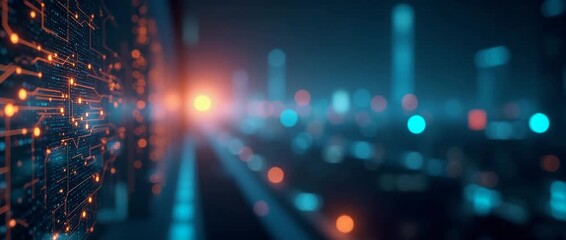 Futuristic circuit board pulses with glowing light as camera slowly pans across a blurred cityscape, creating a cinematic visual of technology and innovation in a modern urban setting.