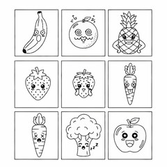 Collection of cartoon fruits and vegetables with various funny and distressed expressions in individual square frames, outline drawing