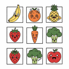Vibrant collection of cartoon fruits and vegetables with various funny and distressed expressions in individual square frames
