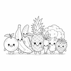 Cute kawaii fruits and vegetables smiling together in line