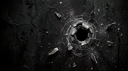 An intense bullet hit impact featuring a torn metallic surface with a circular fracture pattern.