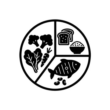 A black and white icon of a divided food plate, illustrating portion control, balanced nutrition, and healthy eating habits for managing diabetes