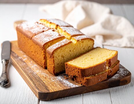 나무 도마 위에 올린 파운드 케이크 Sliced Pound Cake on Wooden Board

