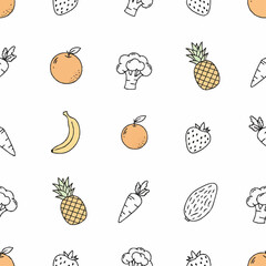 Hand-drawn fruits and vegetables pattern with flat colors