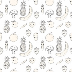 Cute cartoon fruits and vegetables seamless pattern with kawaii faces