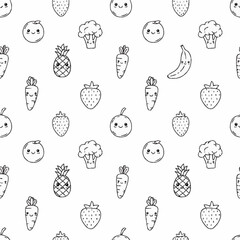 Funny kawaii food pattern with smiling fruits and vegetables