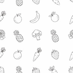 Outline drawing of fruits and vegetables seamless pattern