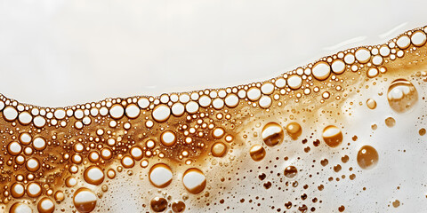 Numerous small and large bubbles of varying sizes and shades of brown and gold float on a white and lighter brown background, demonstrating an abstract composition with a soft and inviting texture,...