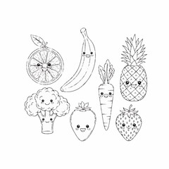 Group of cute cartoon fruits and vegetables for coloring book