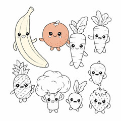 Cute kawaii fruits and vegetables with happy faces collection