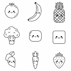 Nine adorable kawaii characters, fruits and vegetables, on white