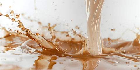 Flowing stream of creamy liquid creates a captivating splash and dynamic display with droplets and a mirrored surface reflecting the detailed texture.