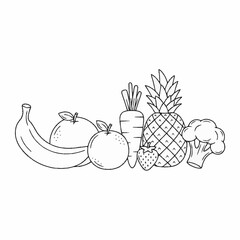 Collection of fresh fruits and vegetables in black and white outline