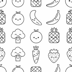 Seamless pattern of cute kawaii fruits and vegetables repeating