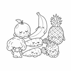 Cute sleeping fruits and vegetables in kawaii style