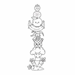 Stack of cute happy fruits and vegetables in black and white