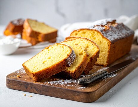 나무 도마 위에 올린 파운드 케이크 Sliced Pound Cake on Wooden Board
