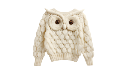 A creamcolored knitted sweater with an owl design on the front isolated on transparent background