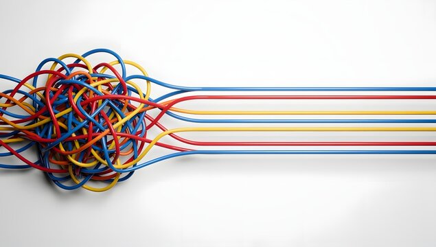 Colorful tangled cables and straight rubber-coated wires on a clean white background, abstract chaotic wiring for technology, networking, office use