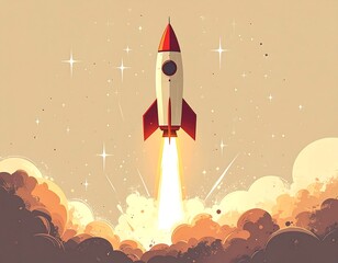 Fototapeta premium Cartoon rocket blasting off amidst fluffy clouds and starry sky