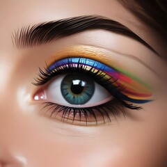 Vibrant Rainbow Eye Makeup on a Woman's Eye with Long Lashes and Defined Brow