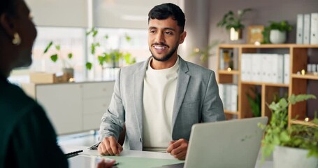 Financial advisor, client or handshake with paperwork in office, investment meeting or new trading account. Tech, shake hands or people with consultation for contract negotiation, partnership or deal