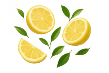 Juicy lemon halves and wedges with green leaves moving, representing freshness, healthy eating, and natural ingredients