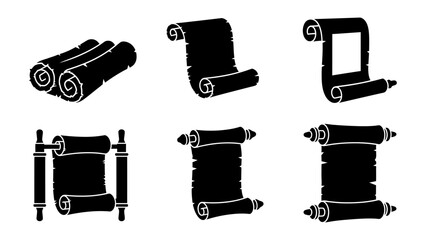 Collection of different vintage paper scrolls icons in black silhouette style