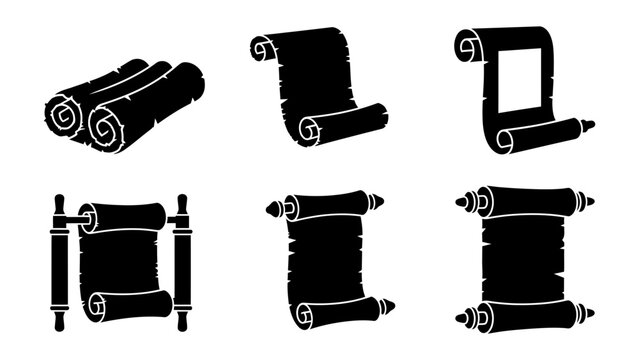 Collection of different vintage paper scrolls icons in black silhouette style