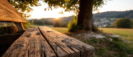 Obraz premium Peaceful Sunset Over Rural Landscape with Rustic Wooden Bench in Foreground