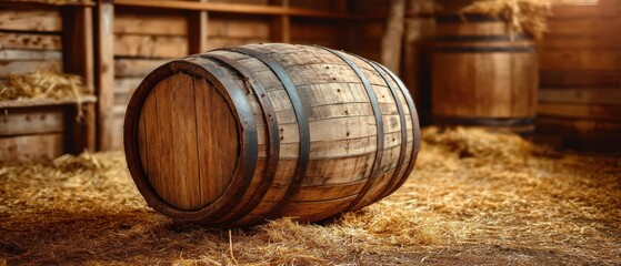 Wooden Barrel in Rustic Barn Surrounded by Straw and Wooden Structures in Warm Lighting