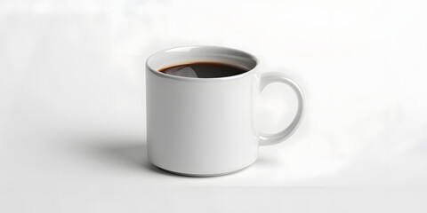 A full white ceramic mug filled with dark coffee is captured against a simple bright white background, offering a clean and uncluttered presentation, emphasizing the beverage, handle, and minimalist
