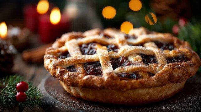Traditional british christmas mince pie on a rustic wooden table with festive holiday decorations