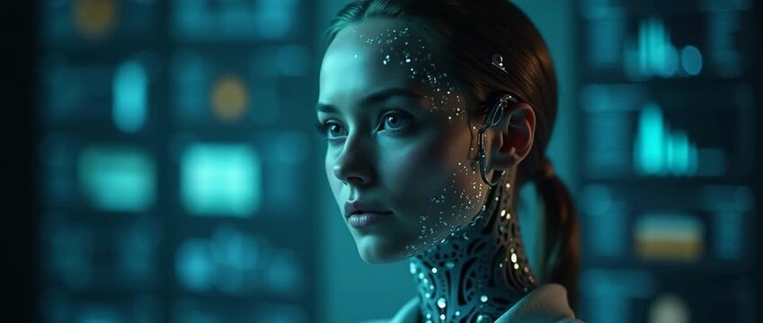 Futuristic AI woman with digital interface, gentle ambient lighting shifts as camera slowly pans, highlighting cybernetic details; cinematic and high-tech, perfect for technology and innovation themes