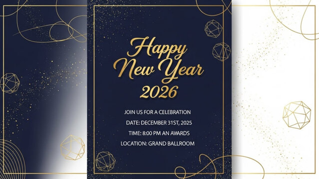 Luxurious New Year 2026 Celebration Invitation Card with Golden Details and Starry Night Background Elements