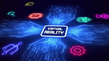A sophisticated look at vr headset technology through vibrant electronic icons and blue data pathways. - Powered by Adobe