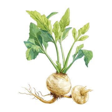 Fresh organic maca root with green leaves and whole bulb, isolated with transparent background