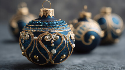 Artistically decorated Christmas baubles with golden ornaments, closeup. New year holidays background.