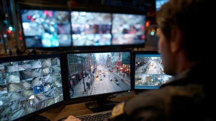 A security operator meticulously monitors live surveillance footage displayed across multiple screens. ..Created with Generative AI, not depicting real subjects.