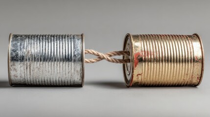 Two tin cans, connected by a simple string, symbolize communication, distance, and the enduring power of connection. ..Created with Generative AI, not depicting real subjects.