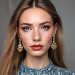 Beautiful young woman with long blonde hair and elegant gold earrings