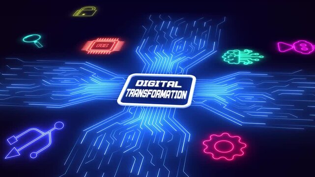 Strategic shift to digital solutions visualized through glowing electronic pathways and futuristic connectivity symbols.