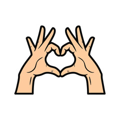 Obraz premium Cartoon illustration of two hands forming a heart shape gesture, symbolizing love, care, and affection.