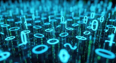 Abstract digital data flow with glowing binary code numbers and network connections.
