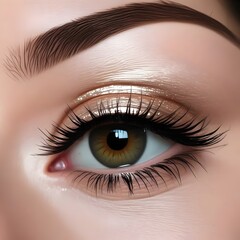 Close-up of a woman's eye with long eyelashes and brown eyebrow