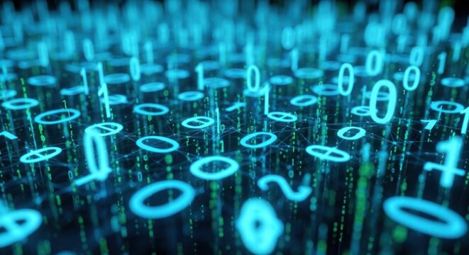 Abstract digital data flow with glowing binary code numbers and network connections. - Powered by Adobe