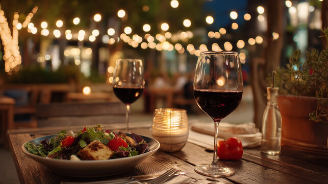 Romantic Dinner Setup with Wine Glasses and Salad on Outdoor Patio at Night with String Lights