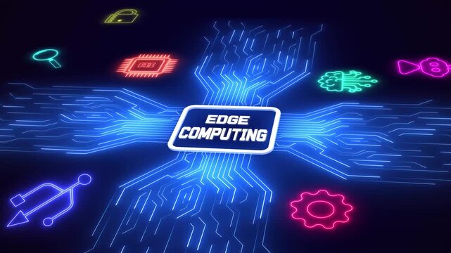 Edge computing and decentralized data processing concept, shown with neon icons on a futuristic digital circuit board.